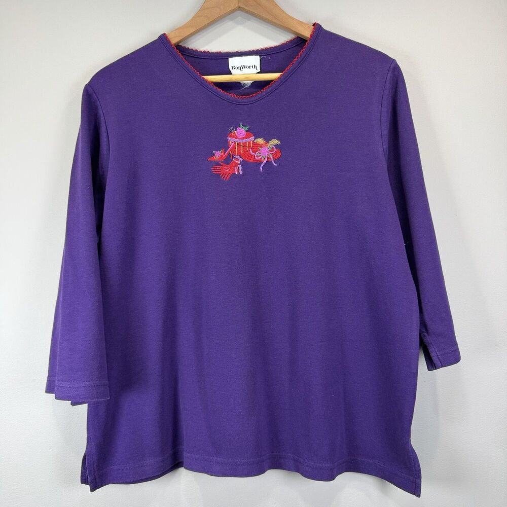 BonWorth Women's L Embroidered Red Hat Society Long Sleeves Top Grandmacore